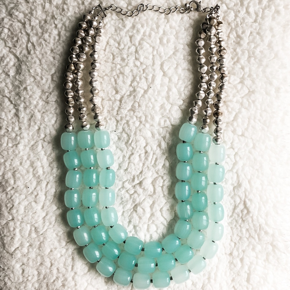 3-Tier Aqua Blue and Silver Beaded Necklace